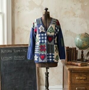 Signatures by Northern Isles Wool Handknit Patchwork Wool Cardigan Sweater, sz M